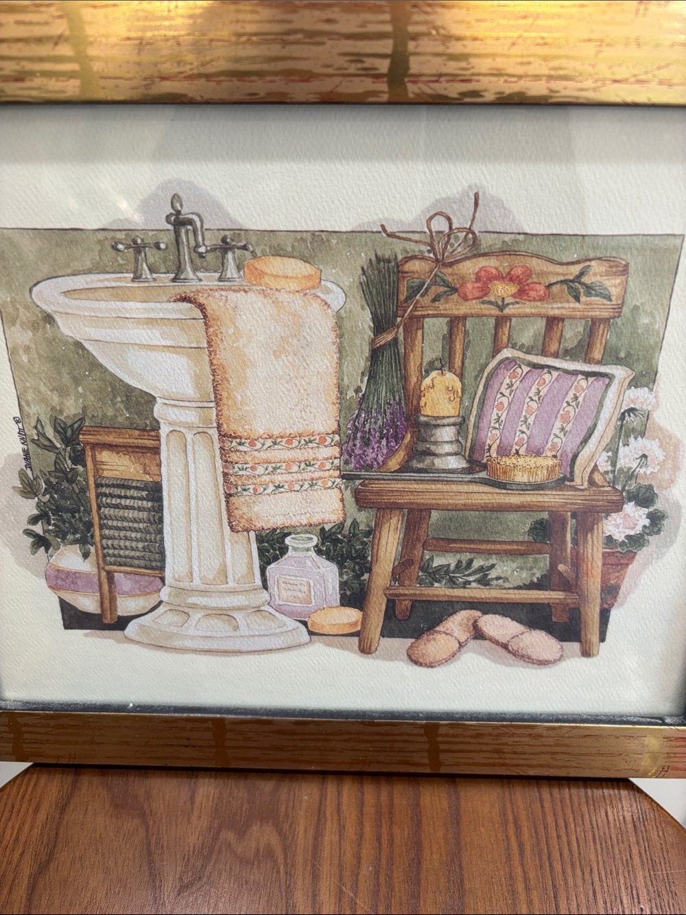 Diane Knott Watercolor Bathroom Canvas Print - Cream, Brown & Lavender Accent